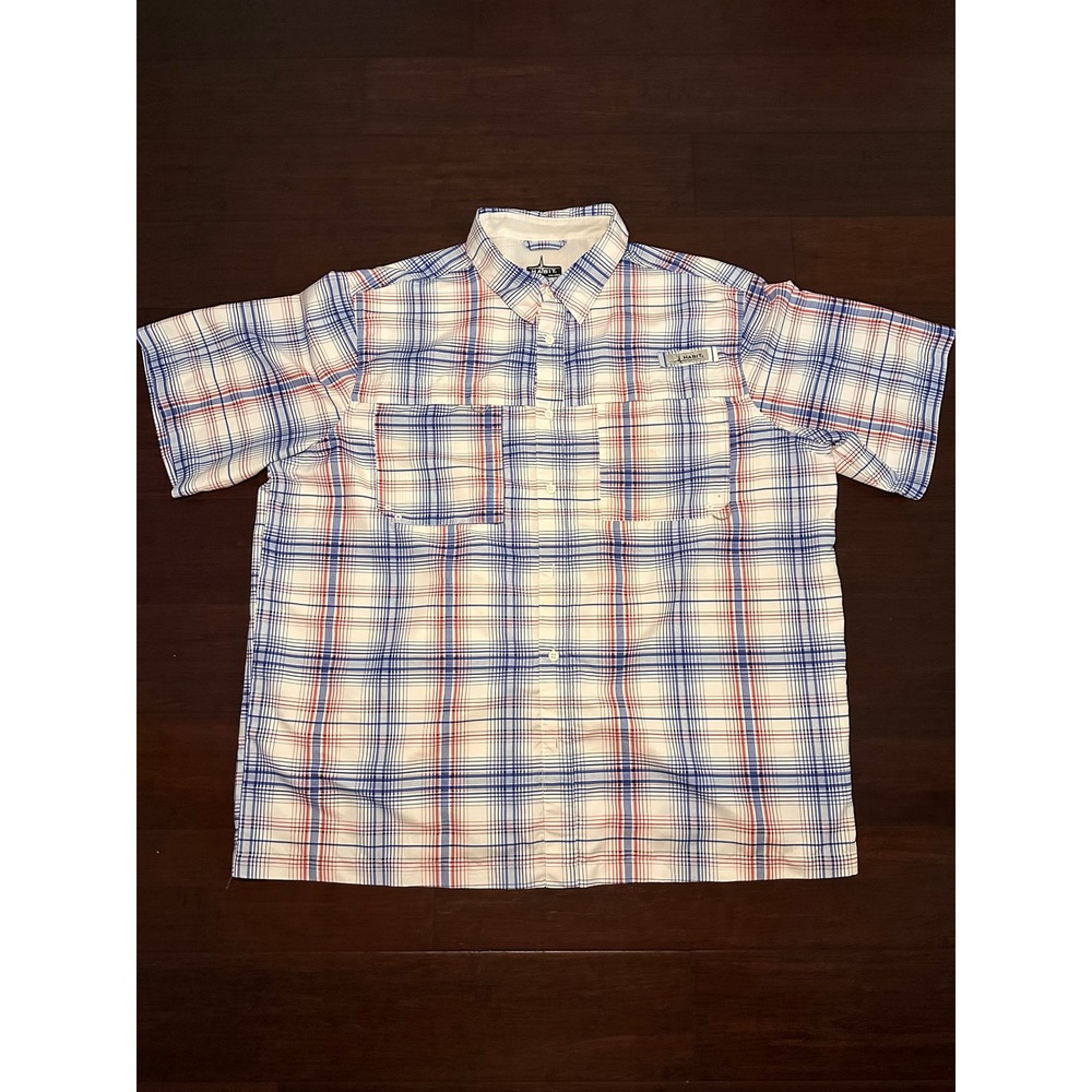 Habit Mens 2XL Fishing Shirt Plaid Short Sleeve Vented UPF 40+ Red White Blue